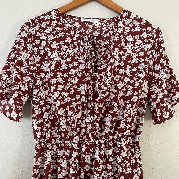 🦋 Kirundo Brown Blue Floral Short Sleeve Mini Dress Medium - Picture 2 of 7